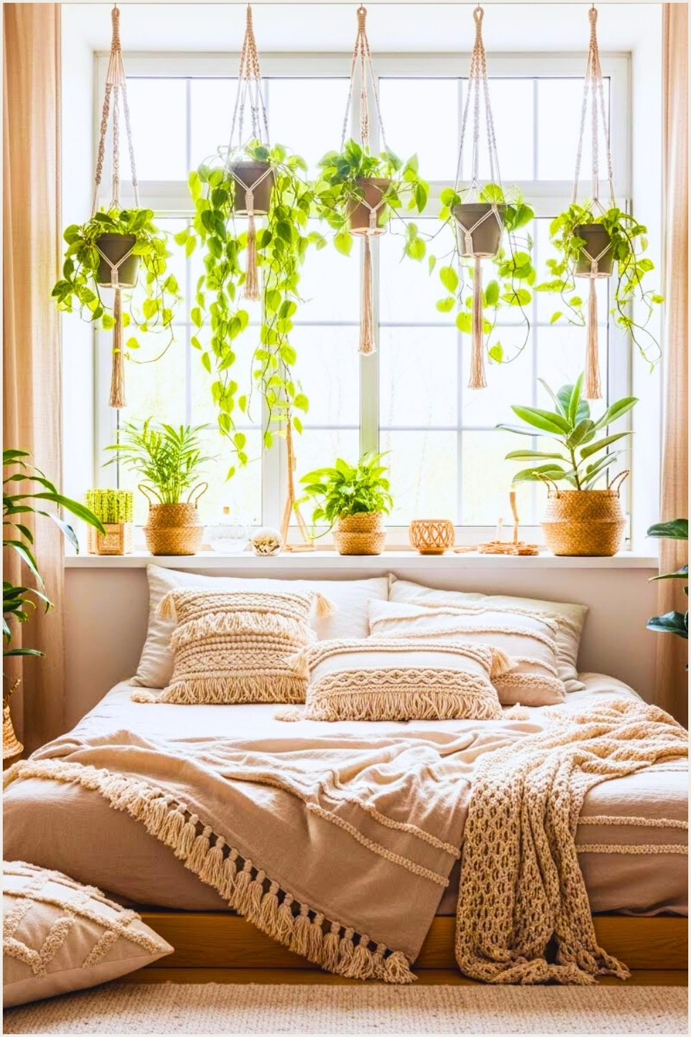 Serene Neutral Boho Bedroom Featuring A Cozy Low Bed
