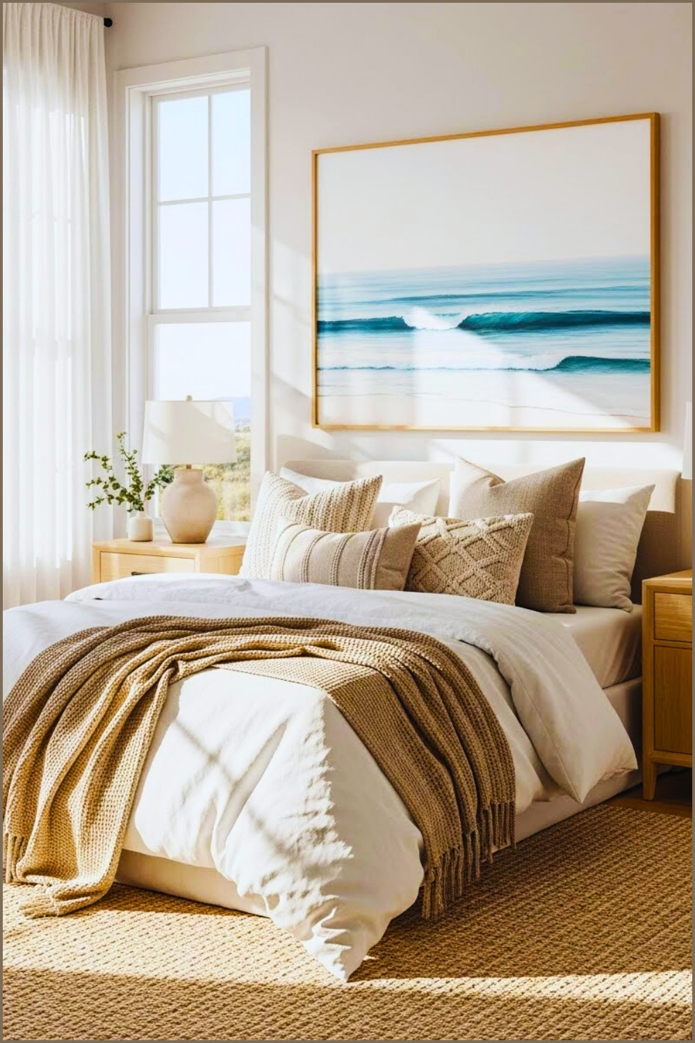 Serene Neutral Coastal Bedroom Soft White Bedding With Beige Throw