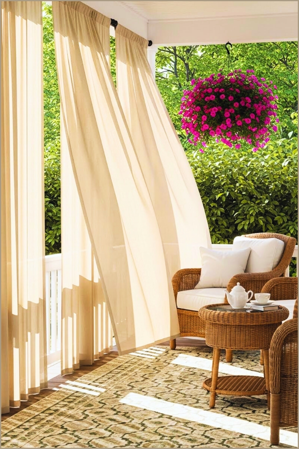 Serene Porch With Flowing Beige Privacy Curtains