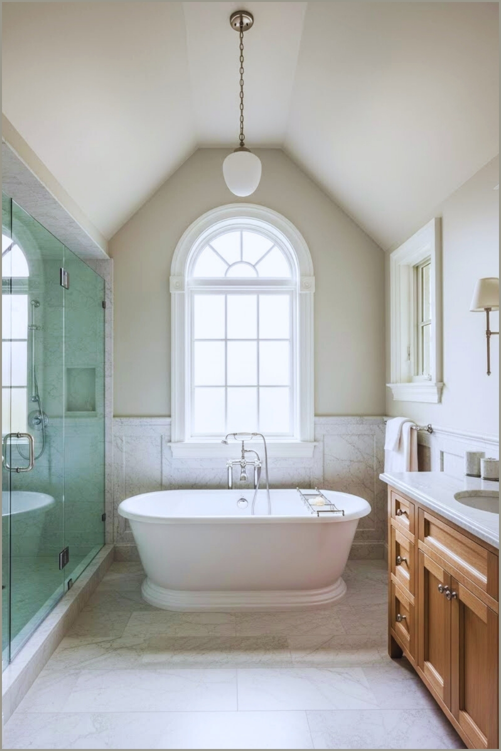Serene Transitional Bathroom With A Vaulted Ceiling