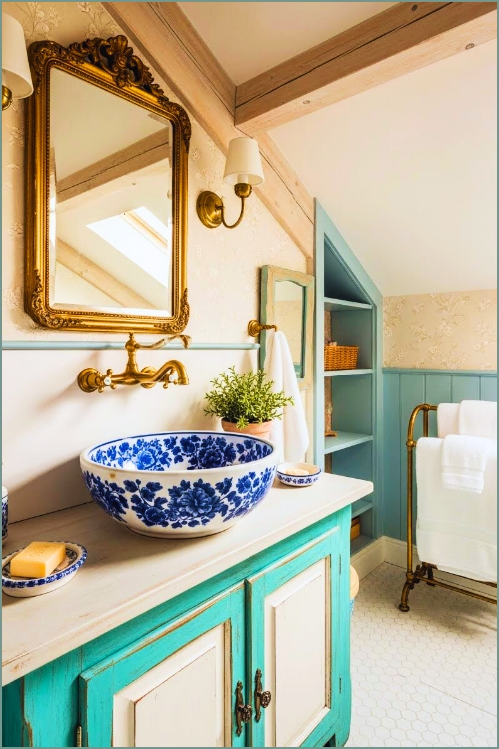 Shabby Chic Bathroom, Blue And White Porcelain Bowl Sink