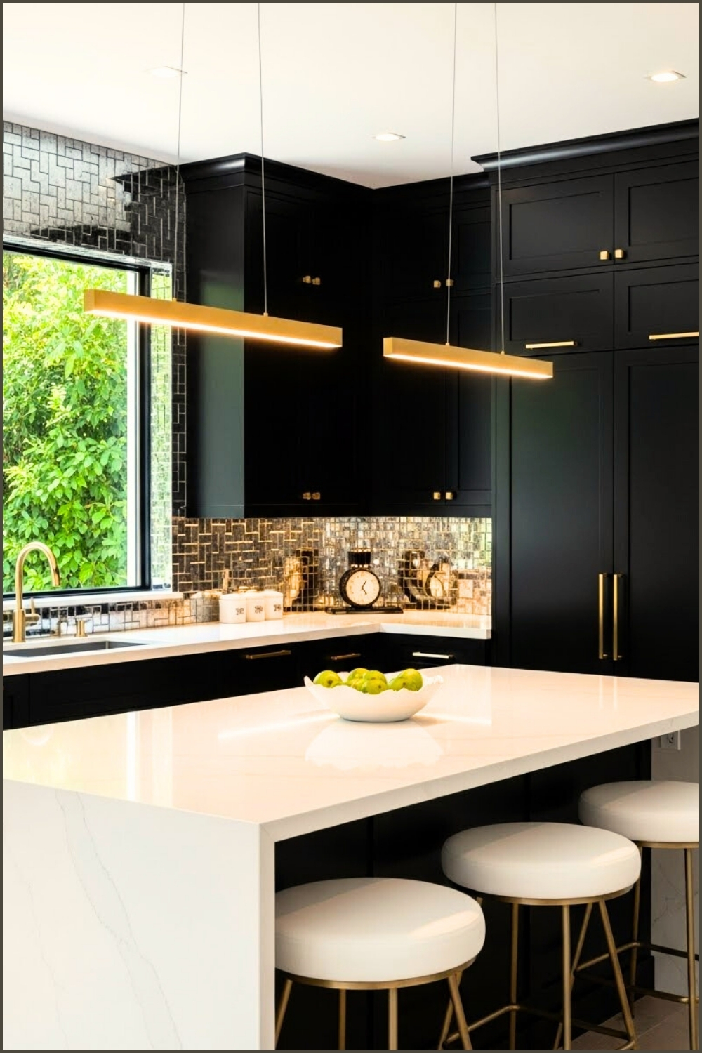 Sleek Luxury Kitchen, Black Cabinetry With Gold Hardware
