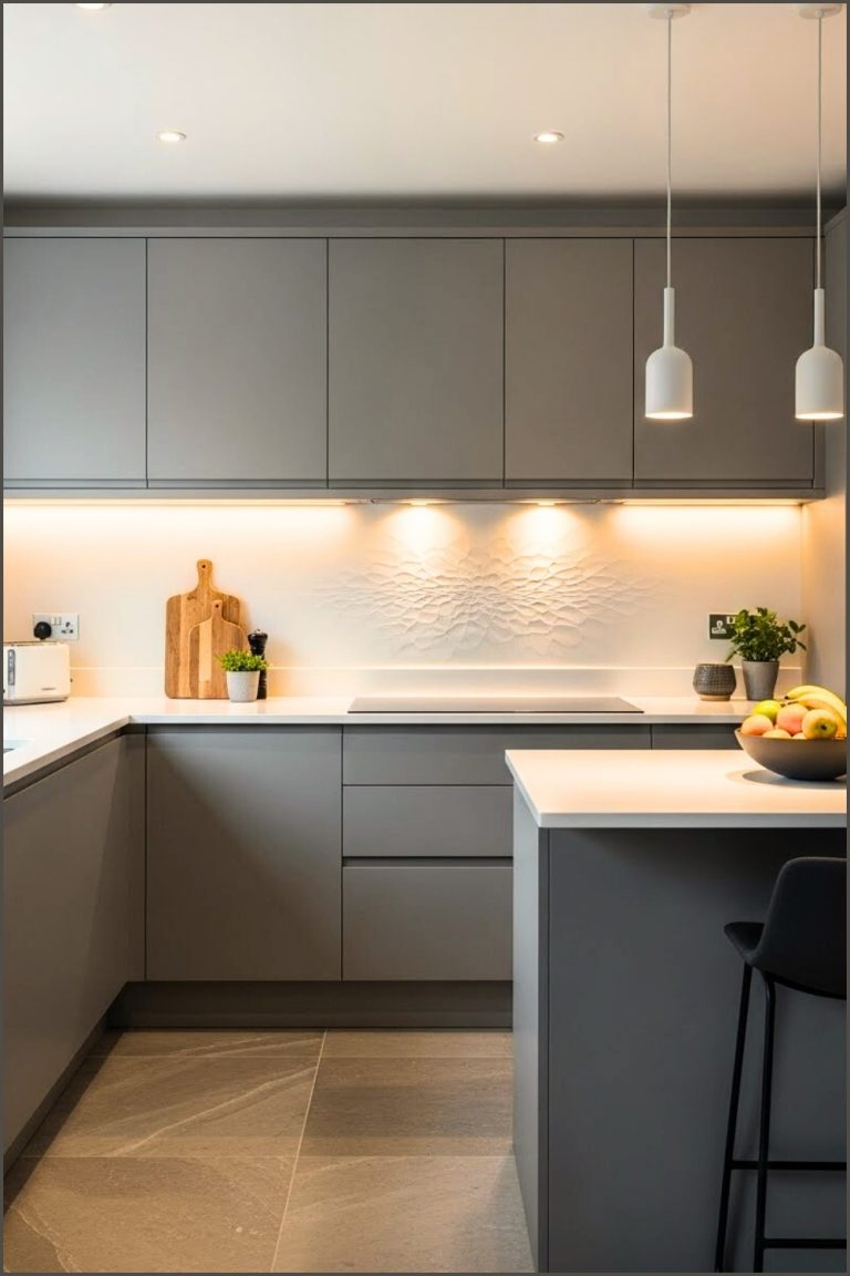 Sleek Modern Kitchen, Matte Grey Cabinets White Countertop