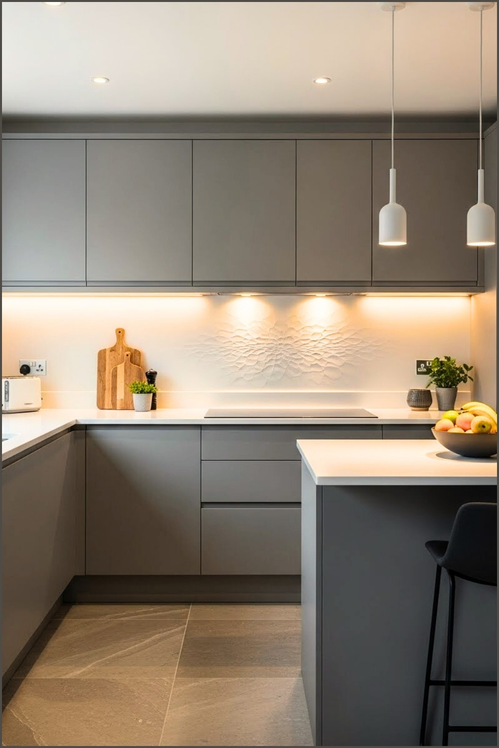 Sleek Modern Kitchen, Matte Grey Cabinets White Countertop