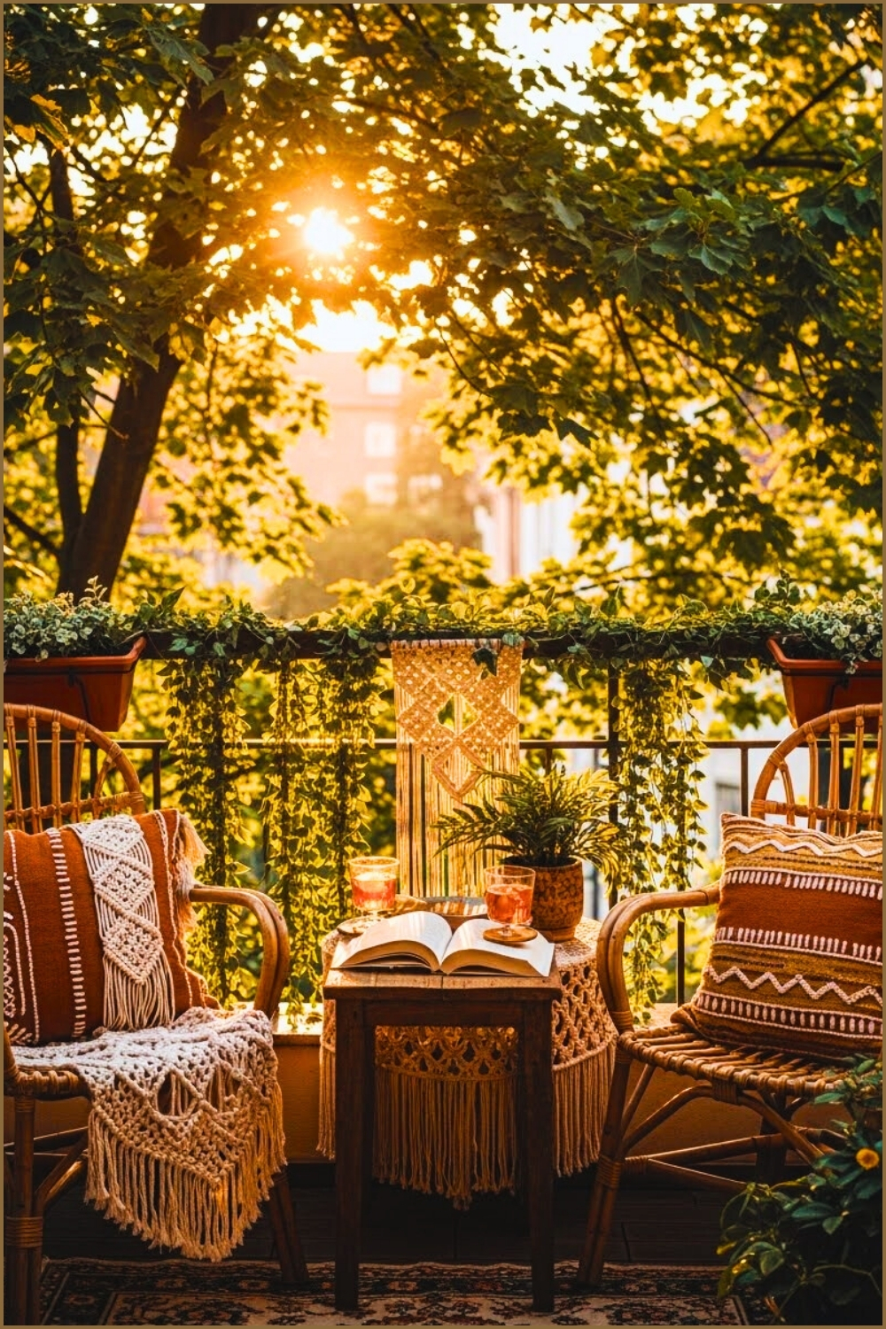 Small Boho Balcony, Rattan Chairs With Patterned Cushions