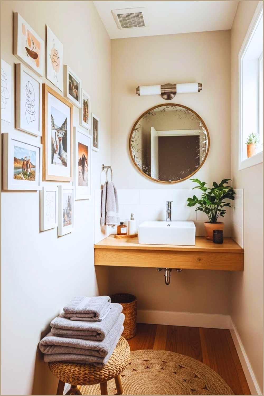 Small Boho Bathroom With Personalized Wall Art