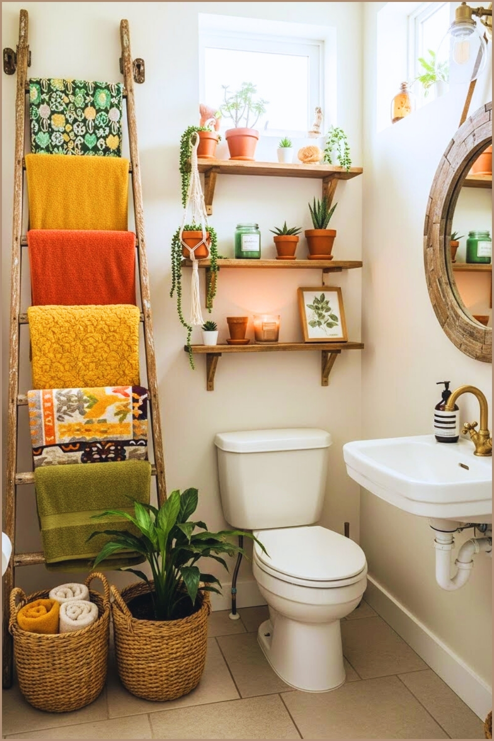 Small Boho Bathroom With Upcycled Ladder Towel Rack
