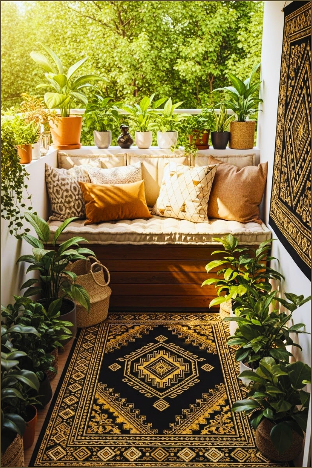 Small Calm Balcony Corner, Wood Bench Seating With Beige