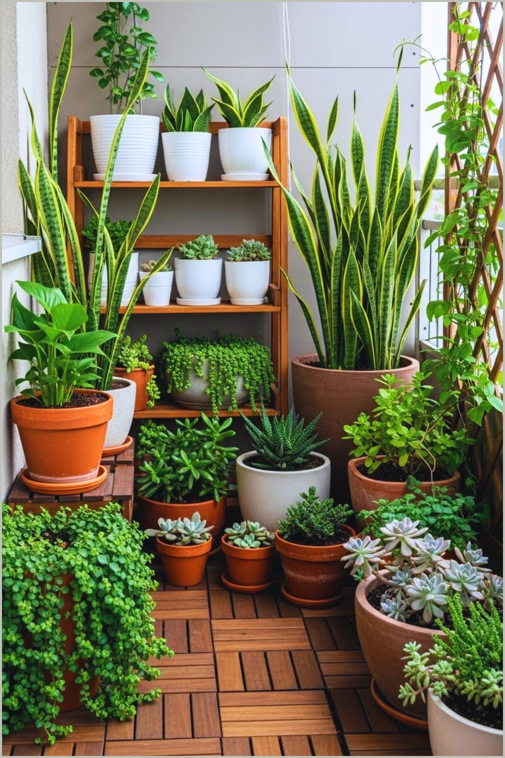 Small Cozy Balcony Filled With Potted Plants And Succulents