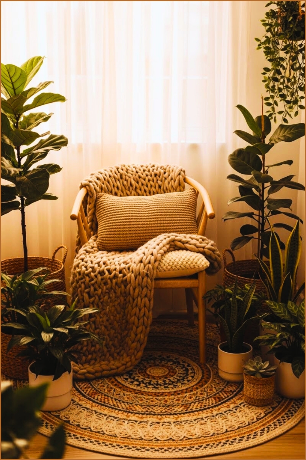 Small Cozy Boho Corner, Wooden Chair With Knitted Beige