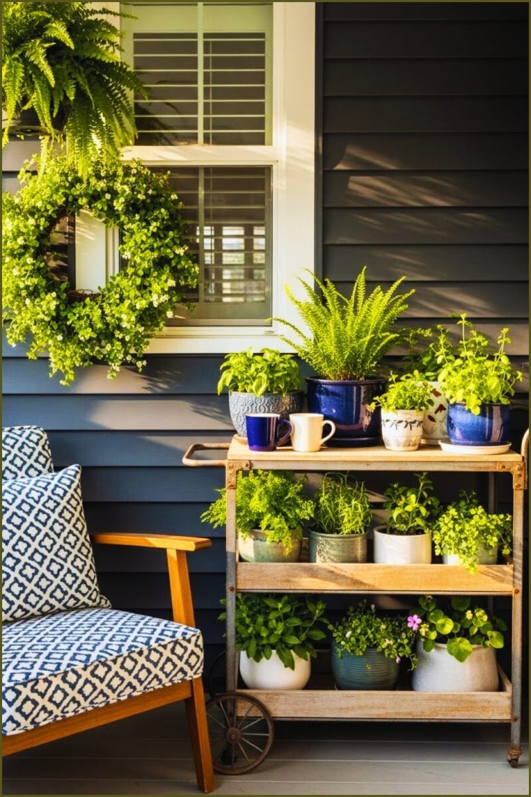 Small Cozy Porch With Rolling Wooden And Metal Plant Cart