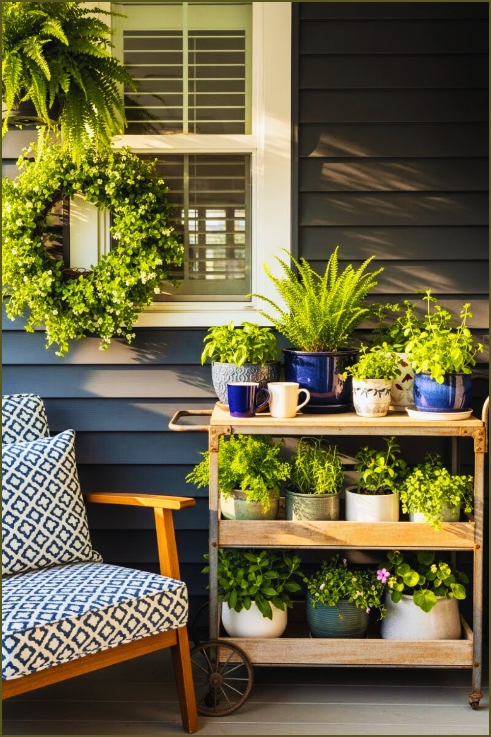 Small Cozy Porch With Rolling Wooden And Metal Plant Cart