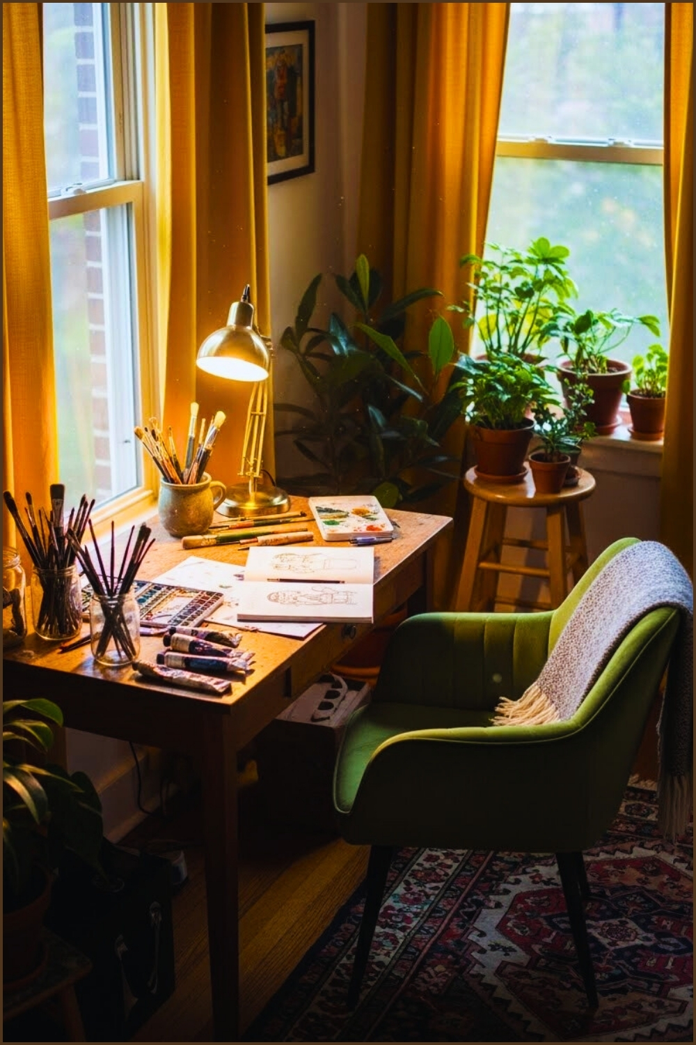 Small Cozy Study Corner Mustard Yellow Curtains Wooden Desk