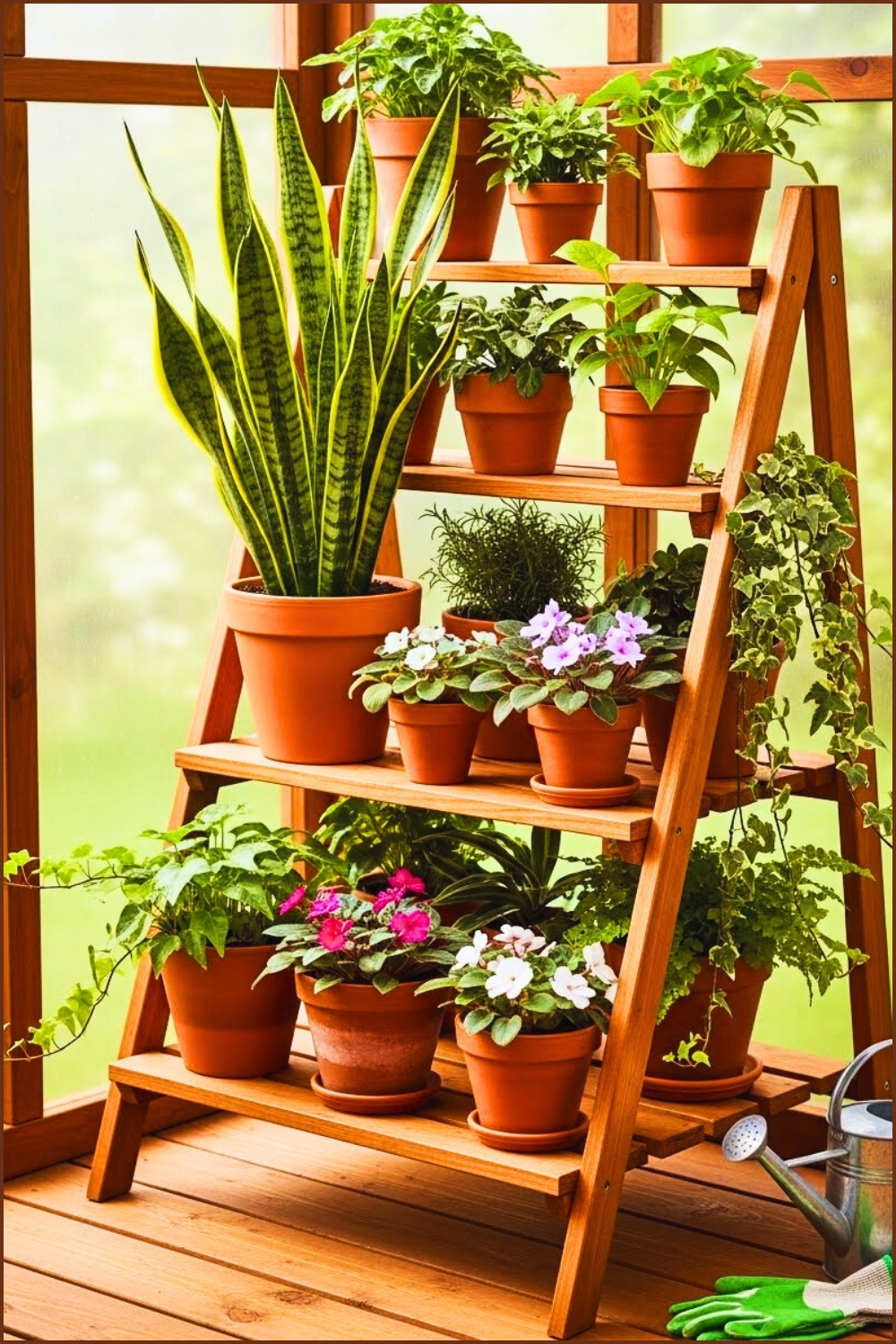 Small Porch Greenhouse Setup With Wooden A-frame Plant