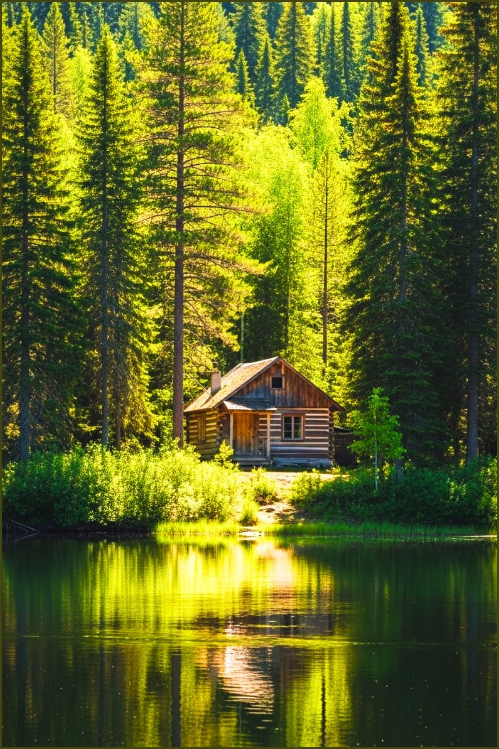 Small Rustic Cabin Among Dense Green Forest Calm Reflective
