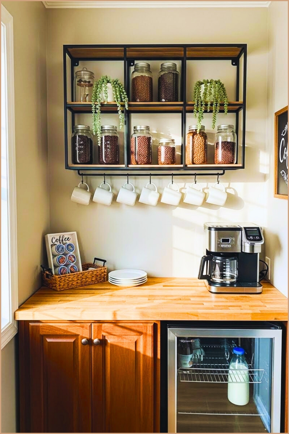 Small Rustic Home Coffee Bar Corner With Dark Wood Cabinet