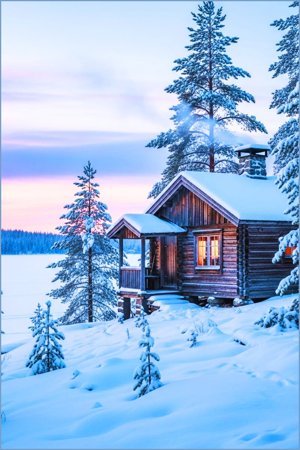 Small Rustic Wooden Cabin On Snowy Hillside Overlooking