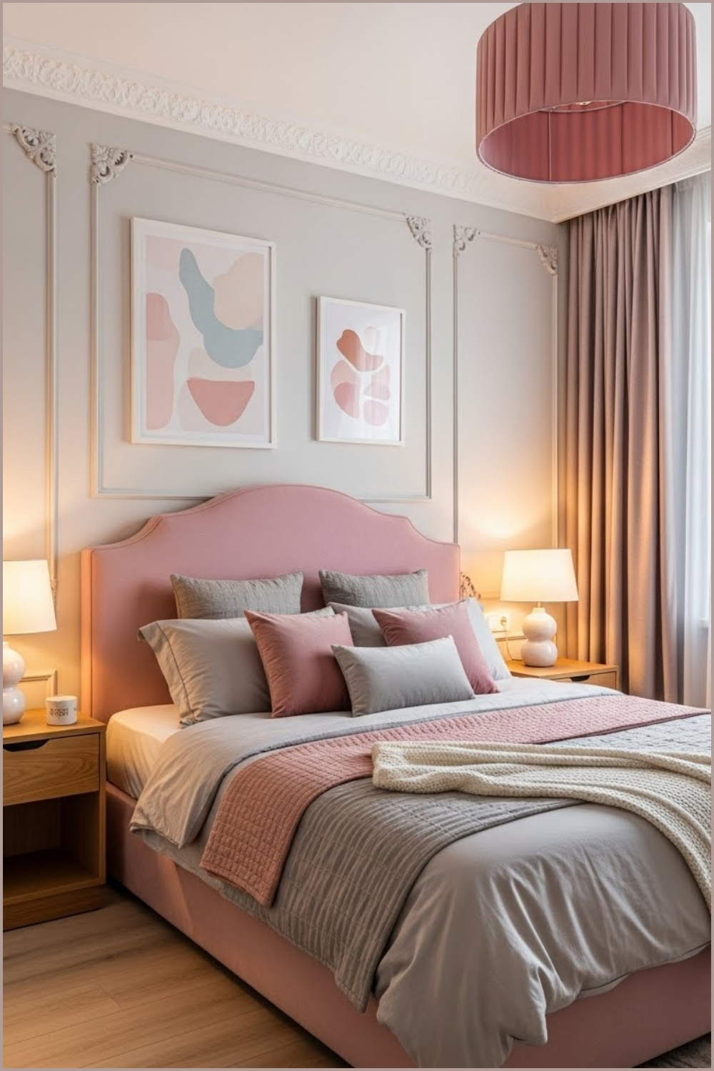 Soft blush modern bedroom interior with upholstered