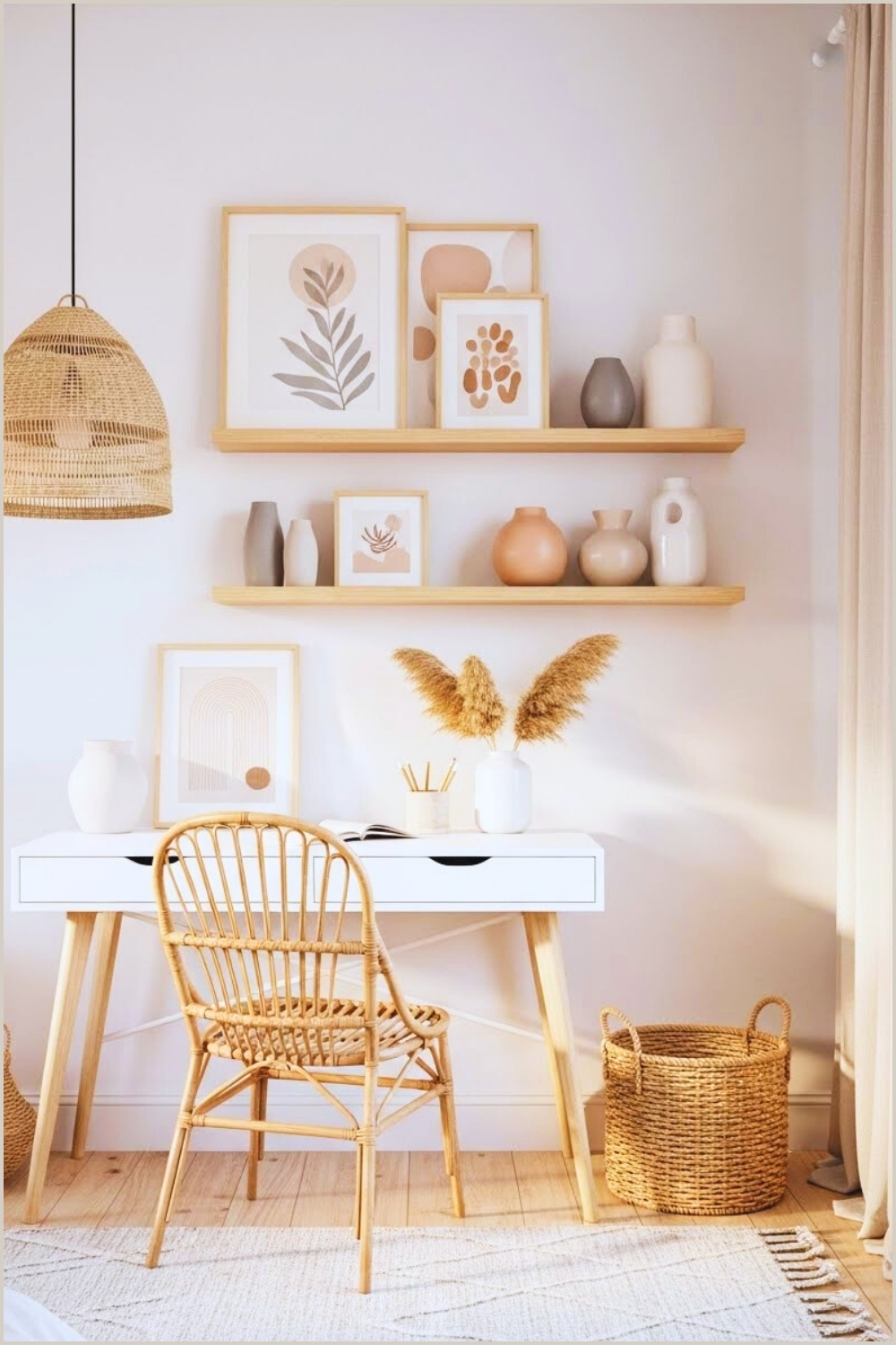 Soft Boho Neutral Bedroom Workspace With A White Wooden Desk
