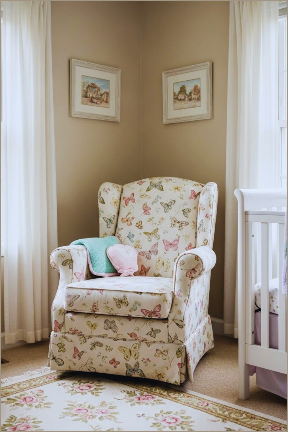 Soft Butterfly Themed Nursery Reading Nook With A Comfortable