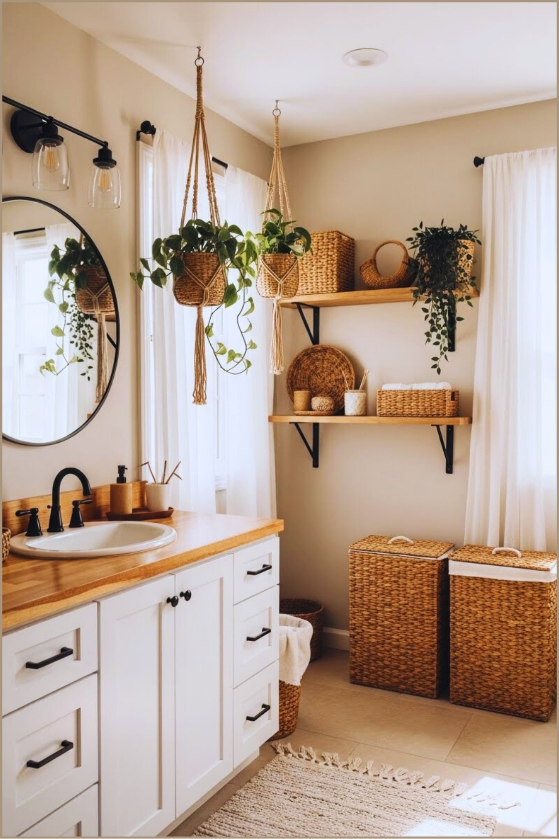 Soft Cozy Boho Bathroom With Neutral Beige Walls