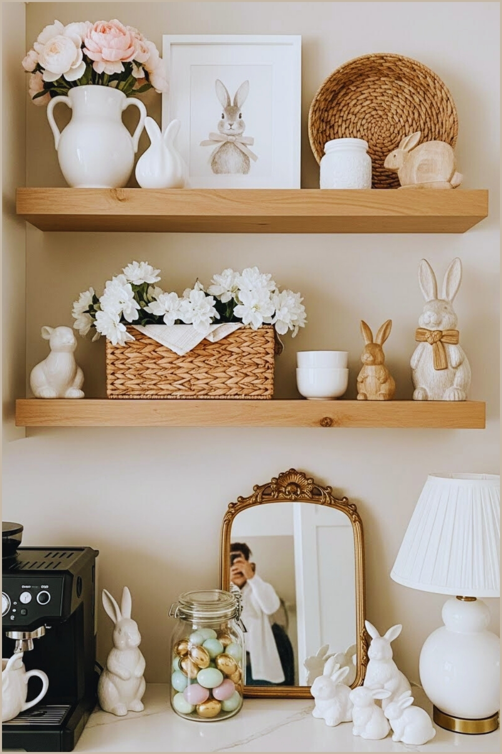 Soft Cozy Spring Kitchen Vignette With Floating Wooden