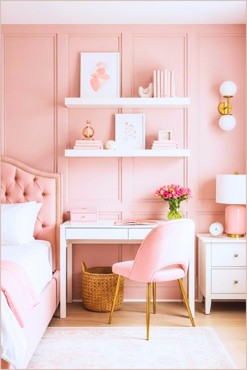 Soft Feminine Bedroom Workspace With Blush Pink