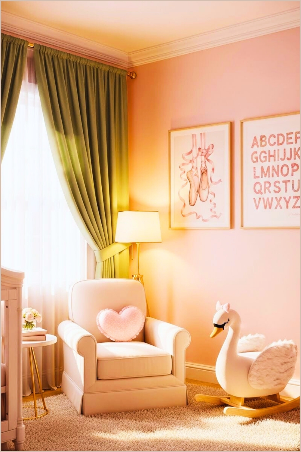 Soft Girly Nursery Blush Pink Wall Elegant Green Curtains