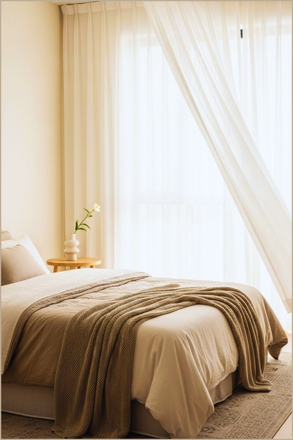 Soft Minimal Bedroom With Sheer Floor To Ceiling Curtains