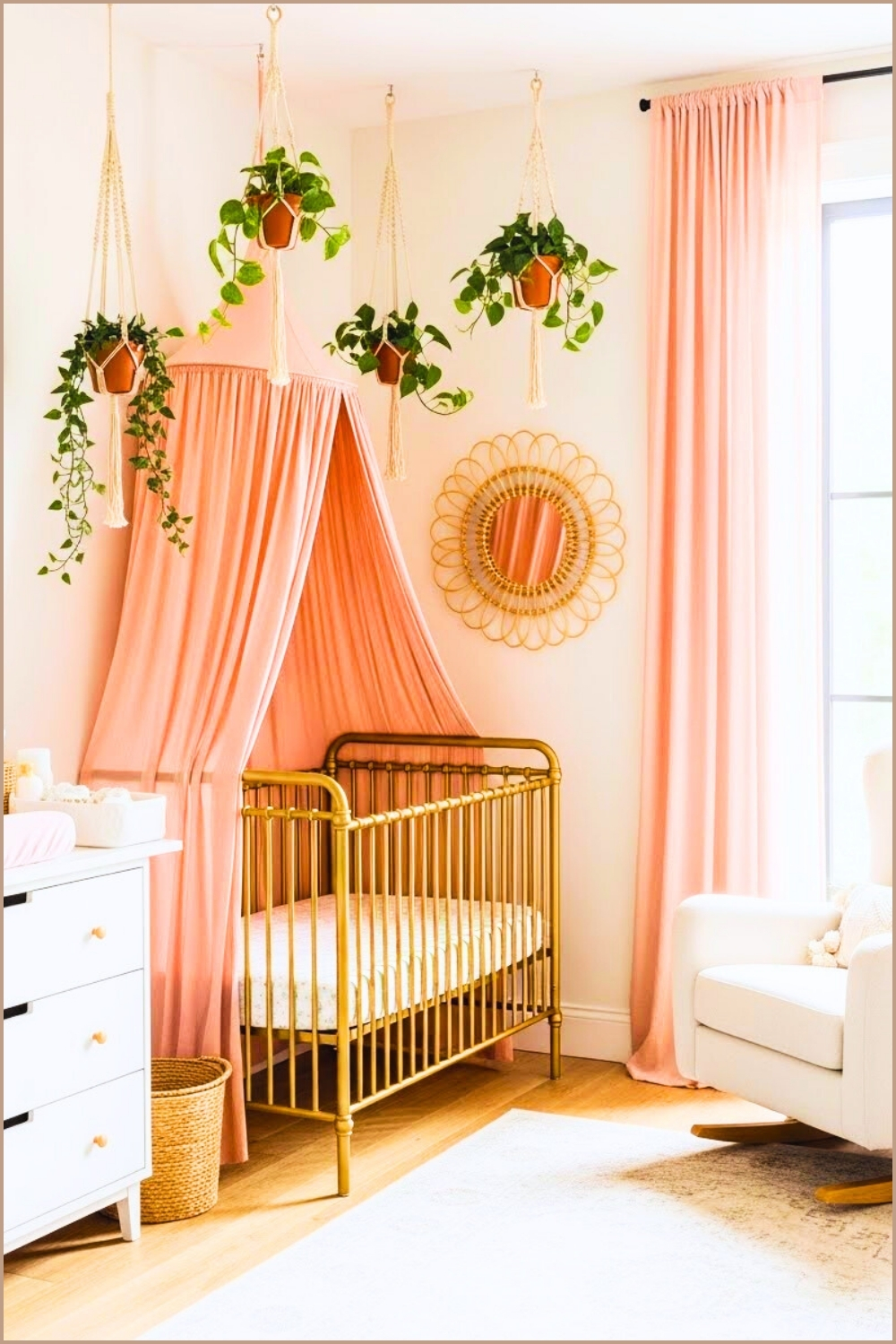 Soft Neutral Baby Nursery Interior, Gold Metal Crib