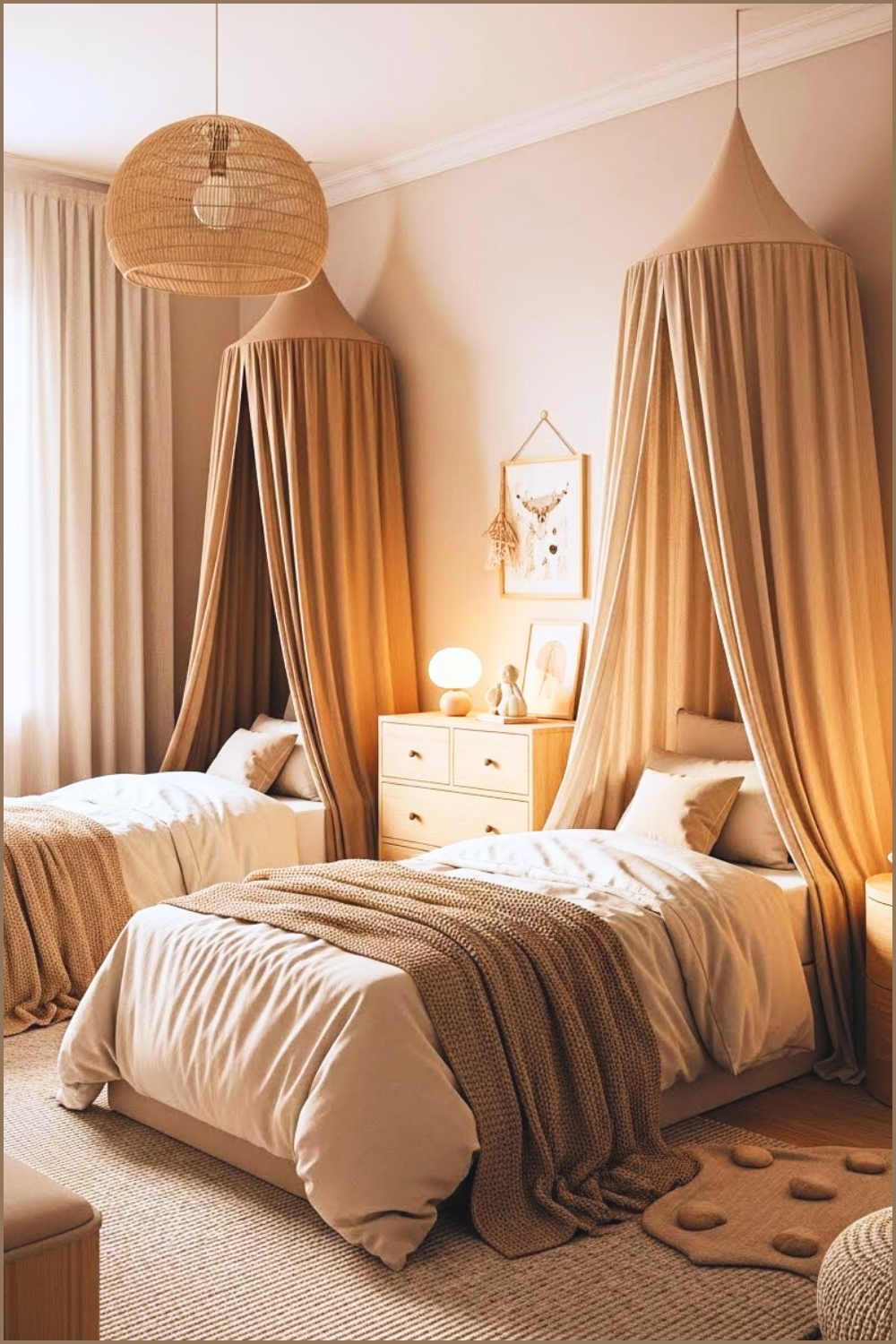 Soft Neutral Shared Kids Bedroom Two Single Beds With Flowing