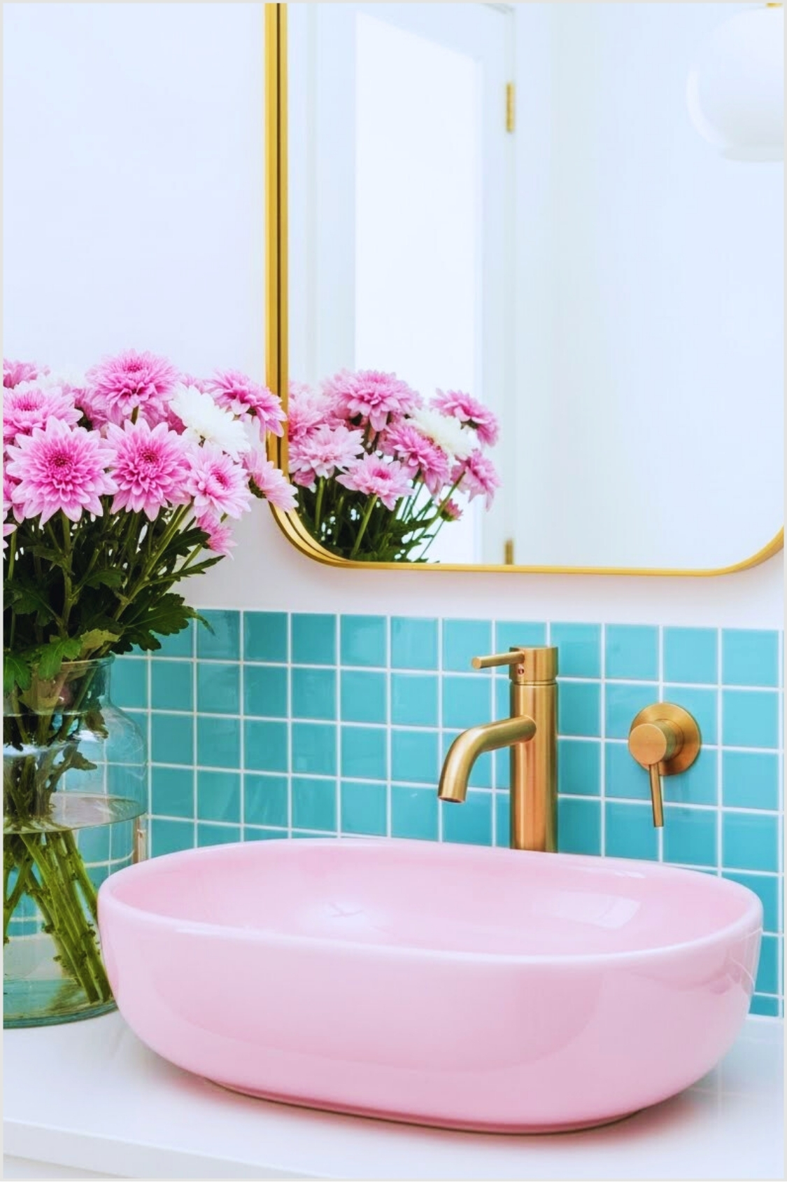 Soft Pastel Bathroom Vignette Featuring A Glossy Pink