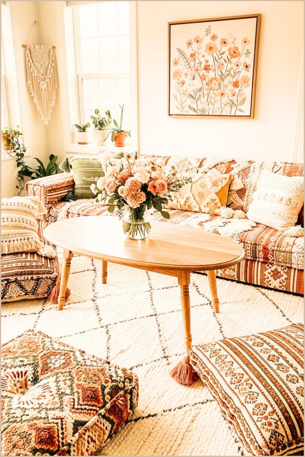 Soft Pastel Boho Living Room Wooden Oval Coffee Table