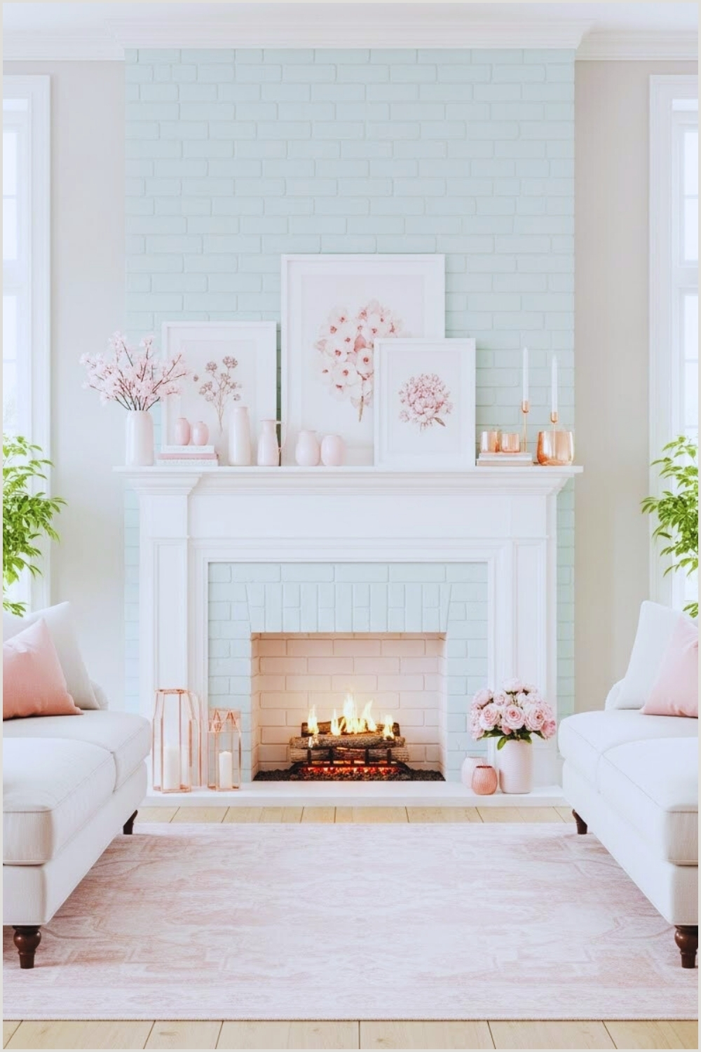 Soft Pastel Living Room With A Pale Mint Painted Brick