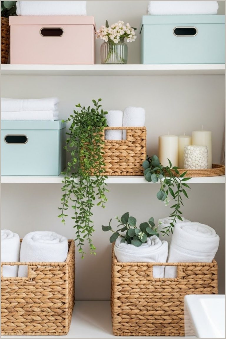 Soft Spring Bathroom Decor With Open Shelving