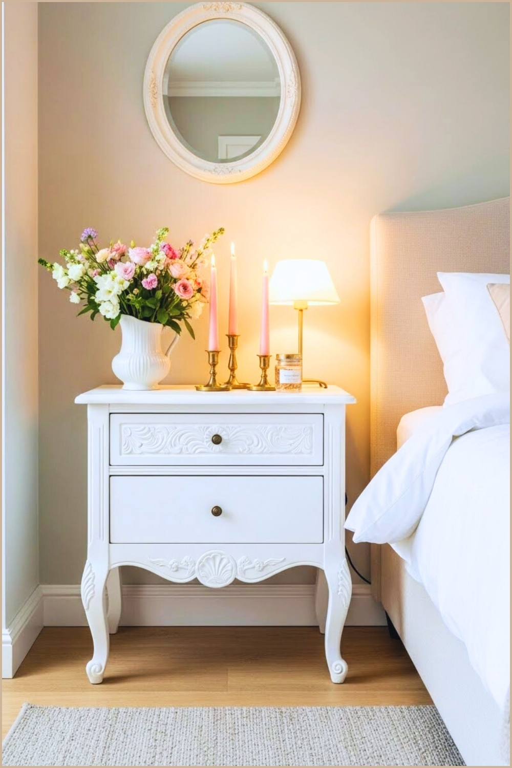 Soft Spring Bedroom Vignette With Elegant Neutral Tones