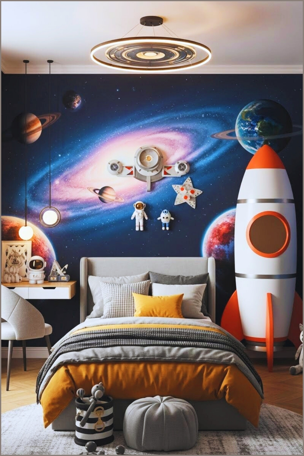 Space Explorer Themed Kids Bedroom Interior Immersive Galaxy Wall