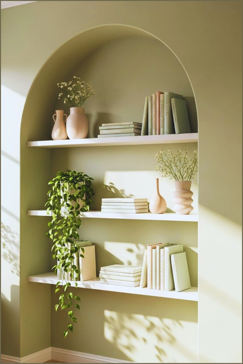Spring Inspired Hallway Book Nook Soft Sage Green Walls