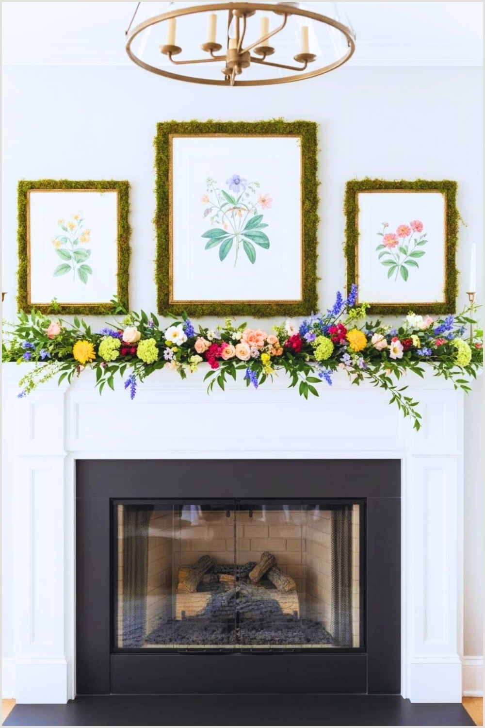 Spring Inspired Living Room Fireplace Mantel Decorated