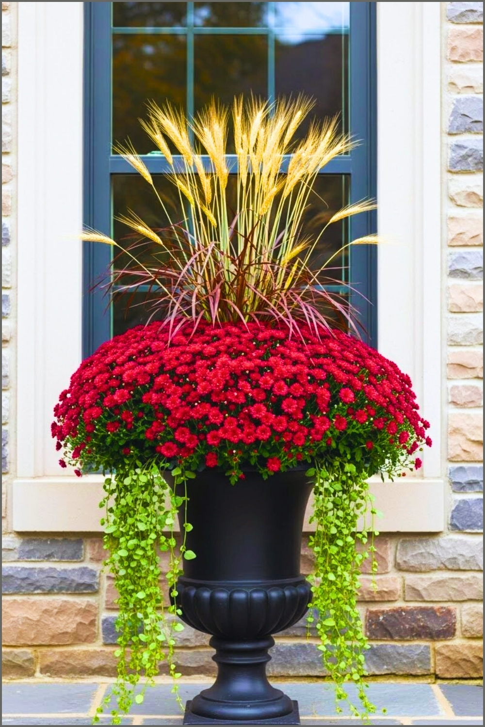 Stone Exterior Home With Large Black Window Planter