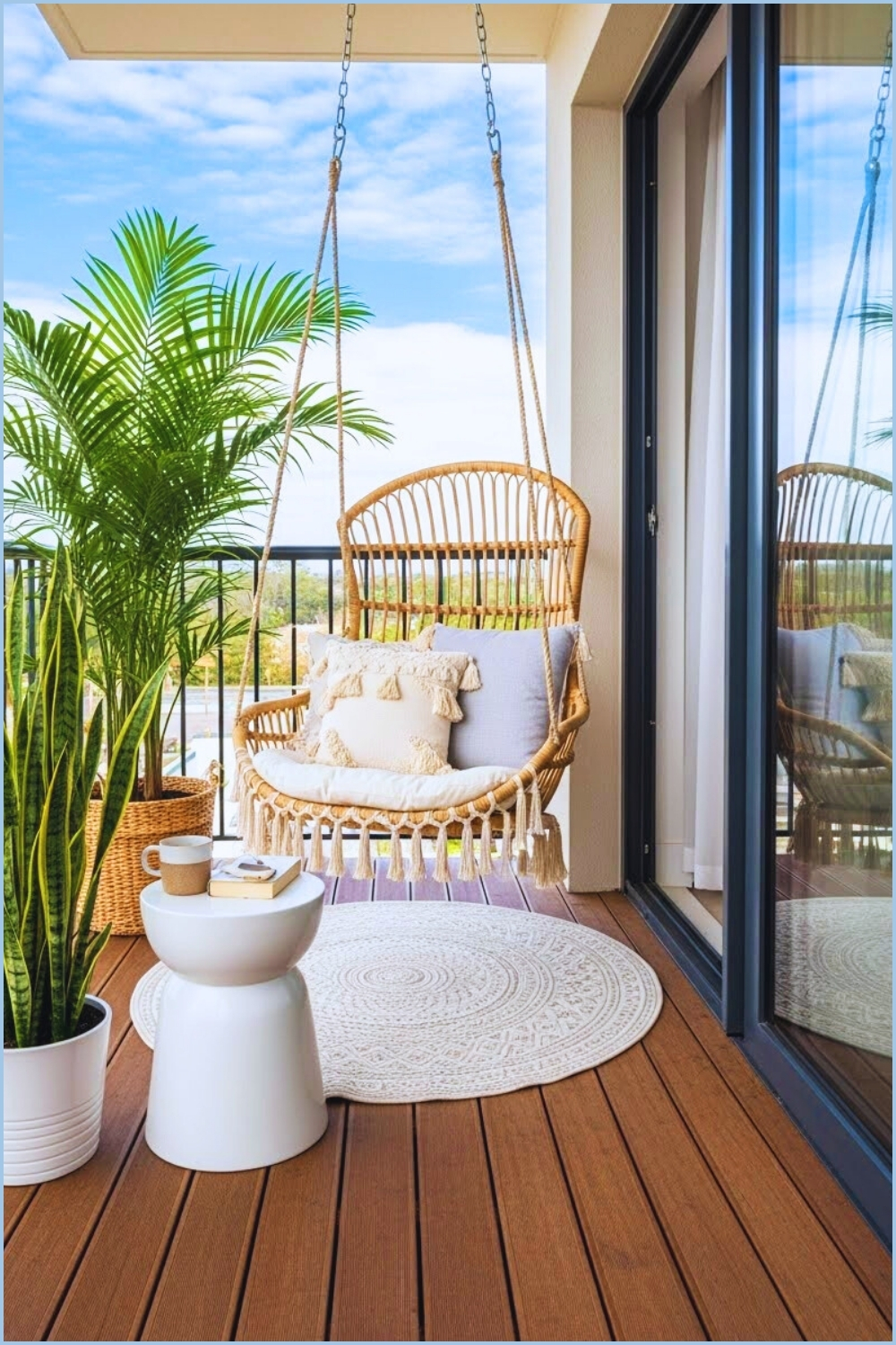 Stylish Balcony With Wicker Hanging Swing
