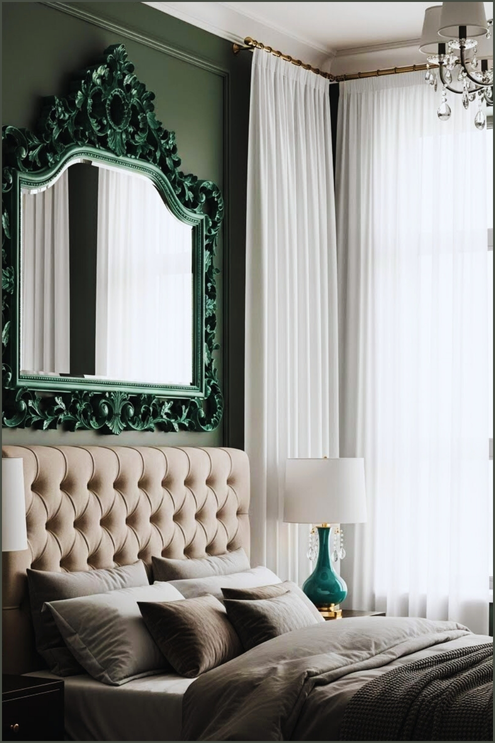 Stylish Bedroom With Large Ornate Emerald Baroque