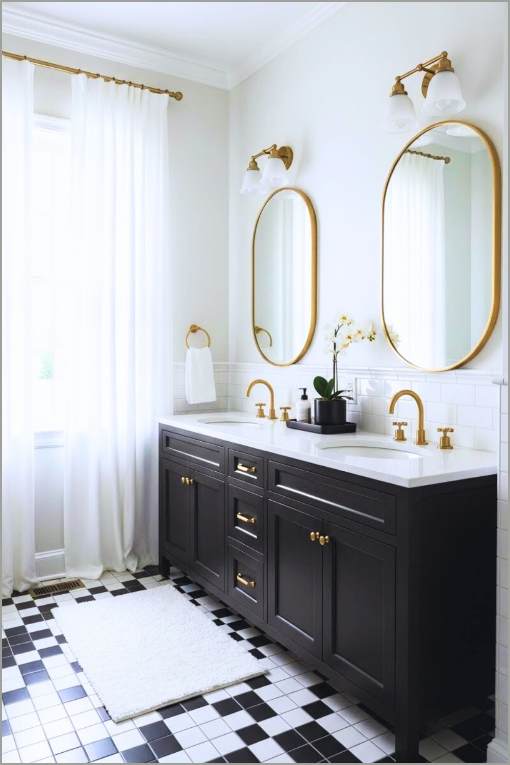 Stylish Black And White Bathroom With Double Vanity