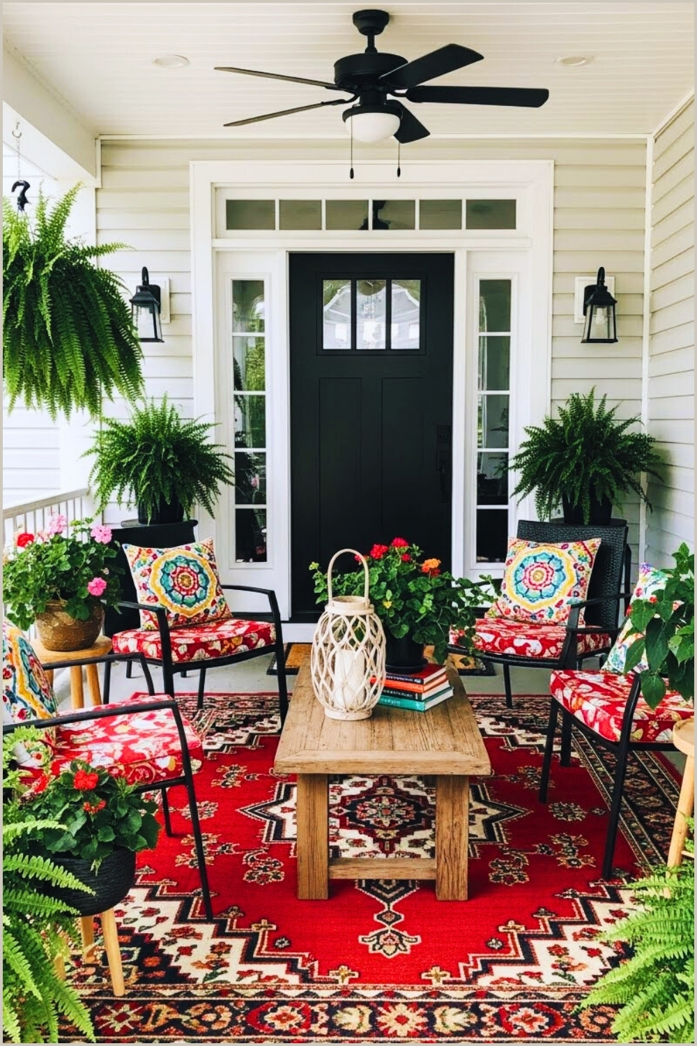 Stylish Front Porch Decorated With Bold Multicolor Red