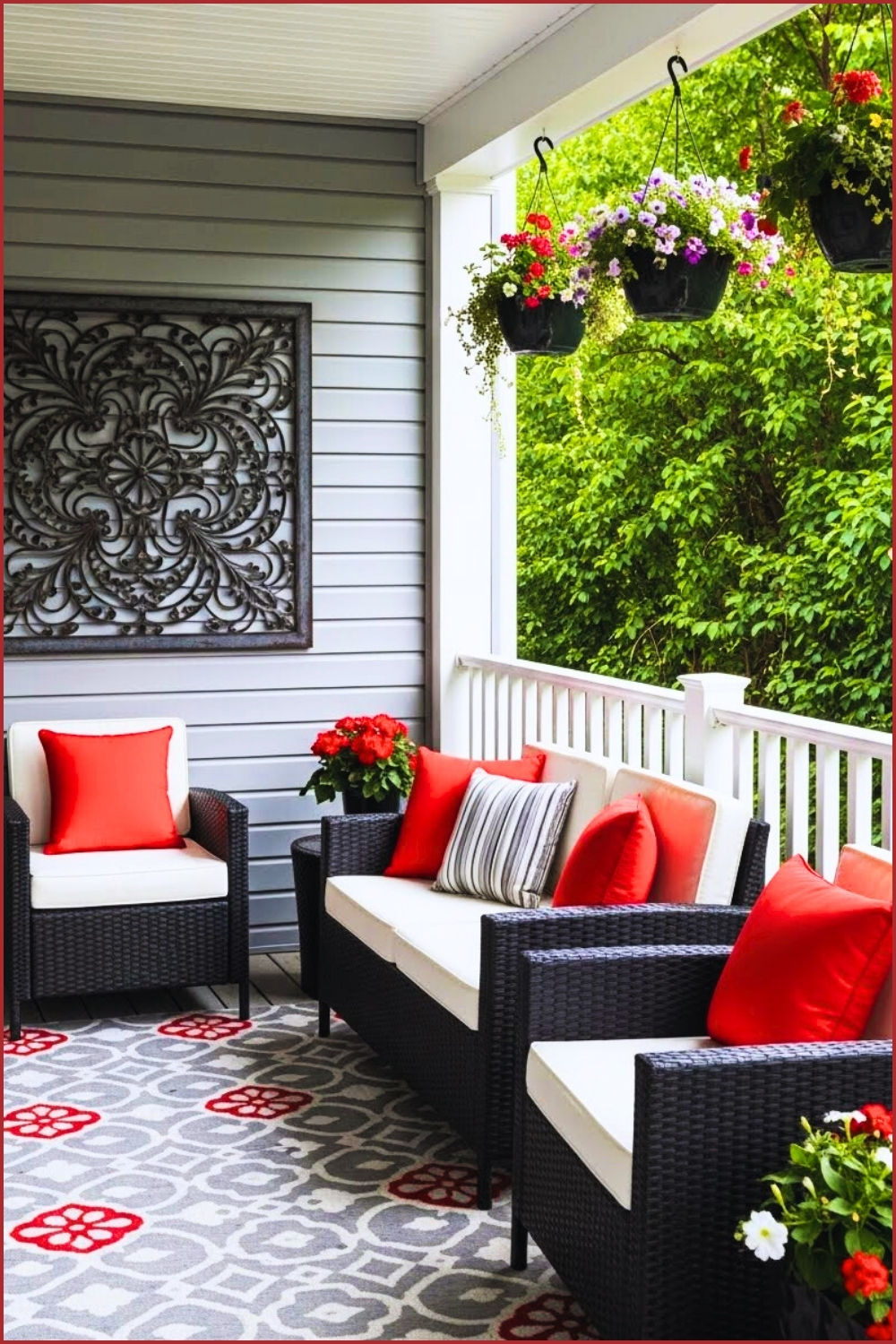 Stylish Gray Porch With Black Wicker Seating White Cushions