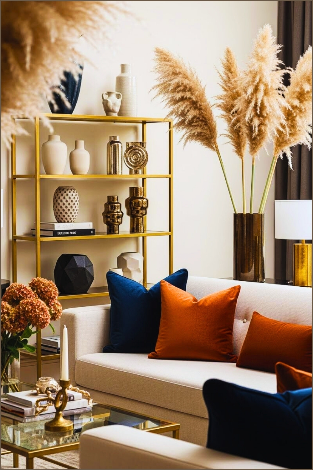 Stylish Modern Living Room, Cream Sofa With Deep Blue And Rust