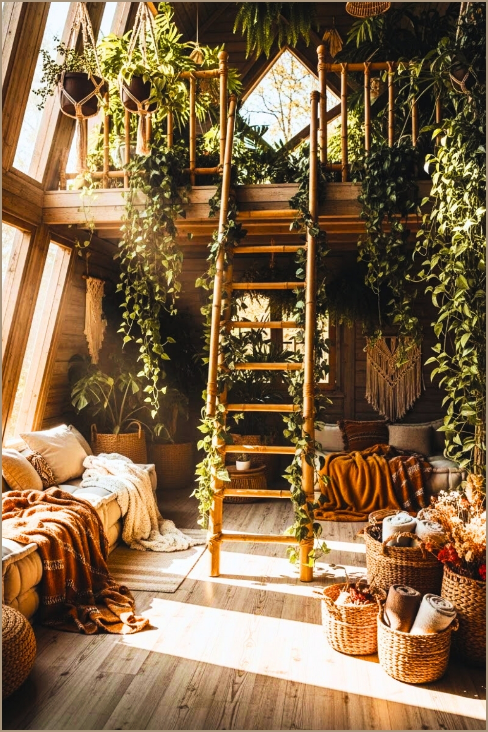 Sunlit Boho Treehouse Interior, Bamboo Ladder Structure