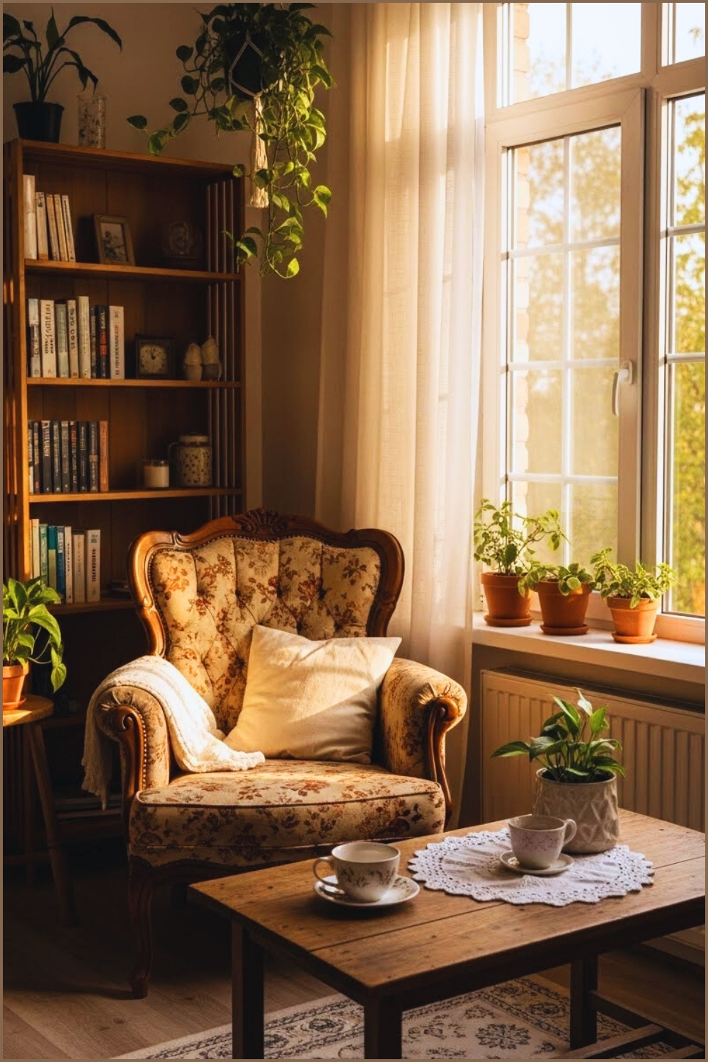 Sunlit Cottagecore Living Room Corner Cozy Reading Nook