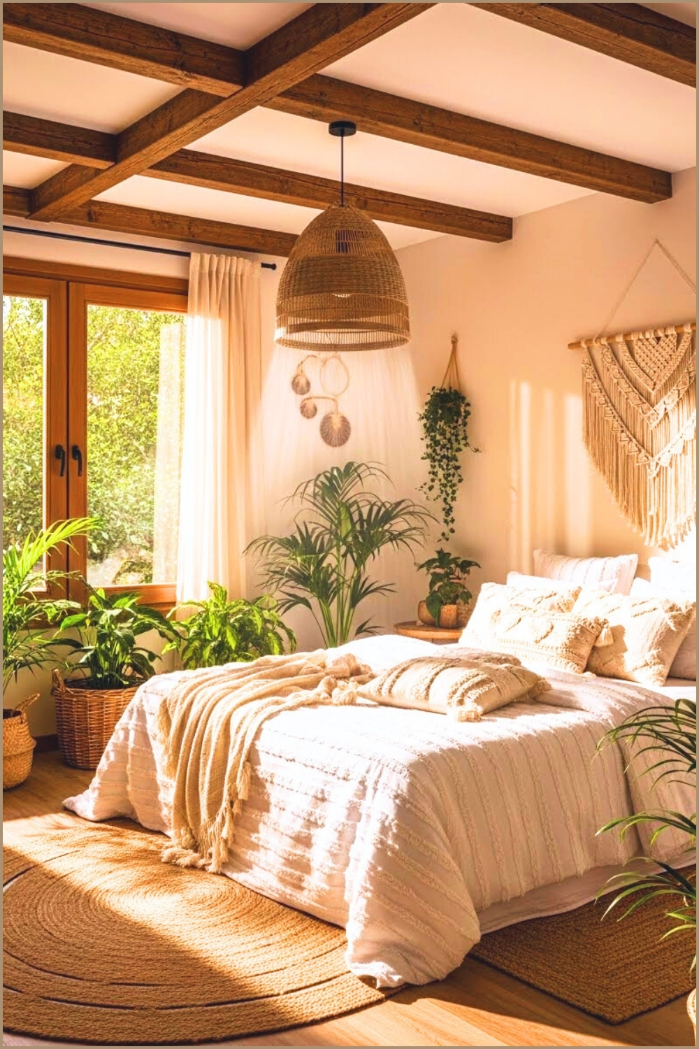 Sunlit Jungle Boho Bedroom With Rustic Wooden Beams
