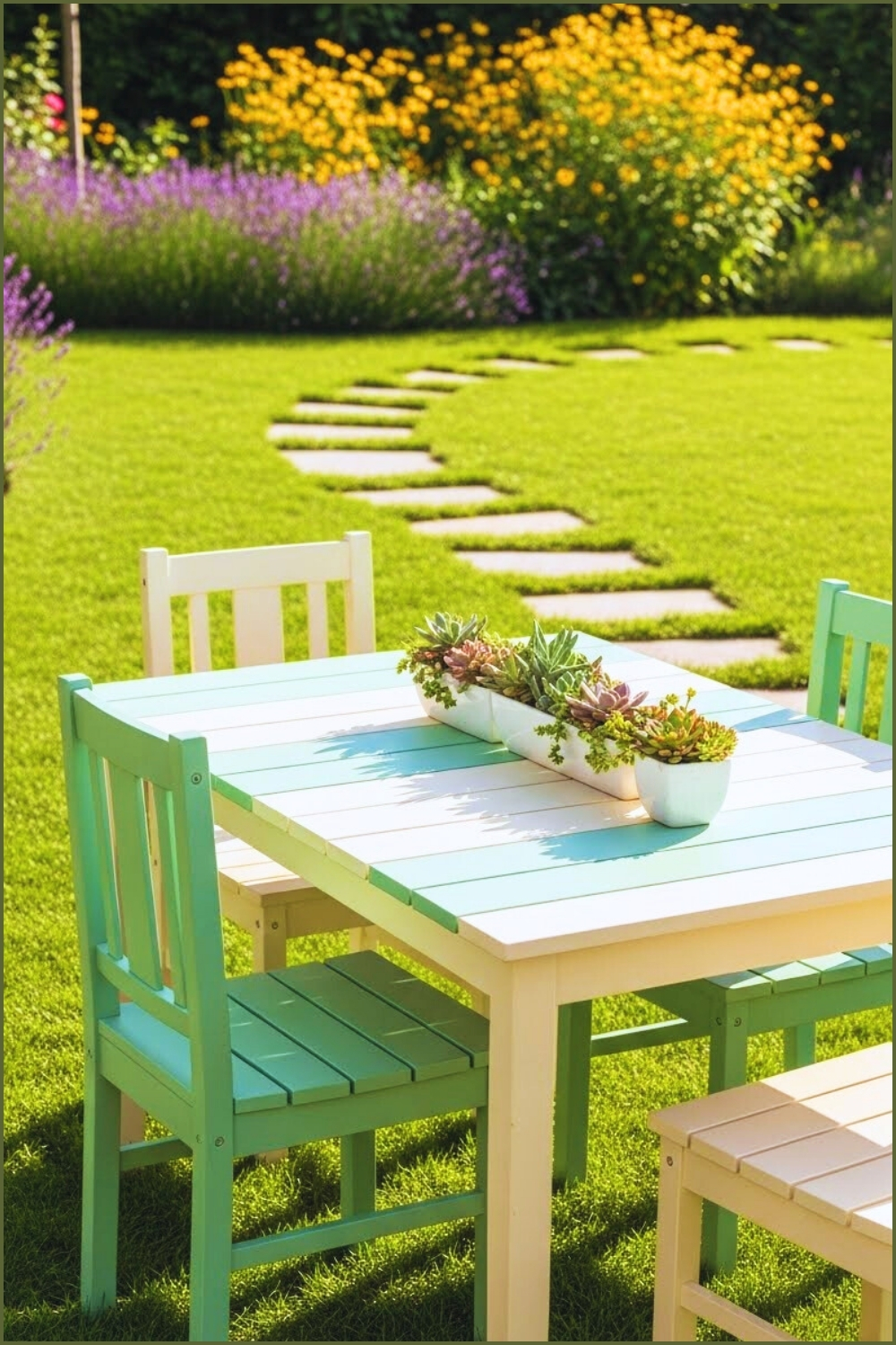 Sunny Backyard Garden With Pastel Wooden Table And Chairs